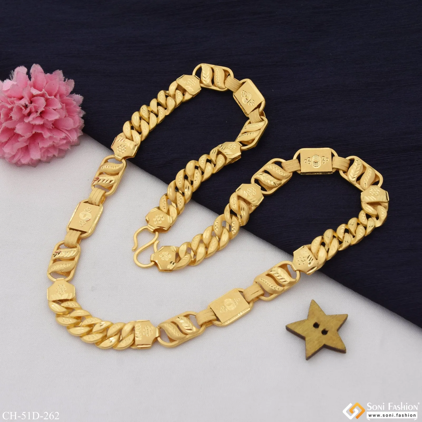 1 Gram Gold Plated 3 In 1 Rajwadi Glittering Design Chain for Men - Style D262