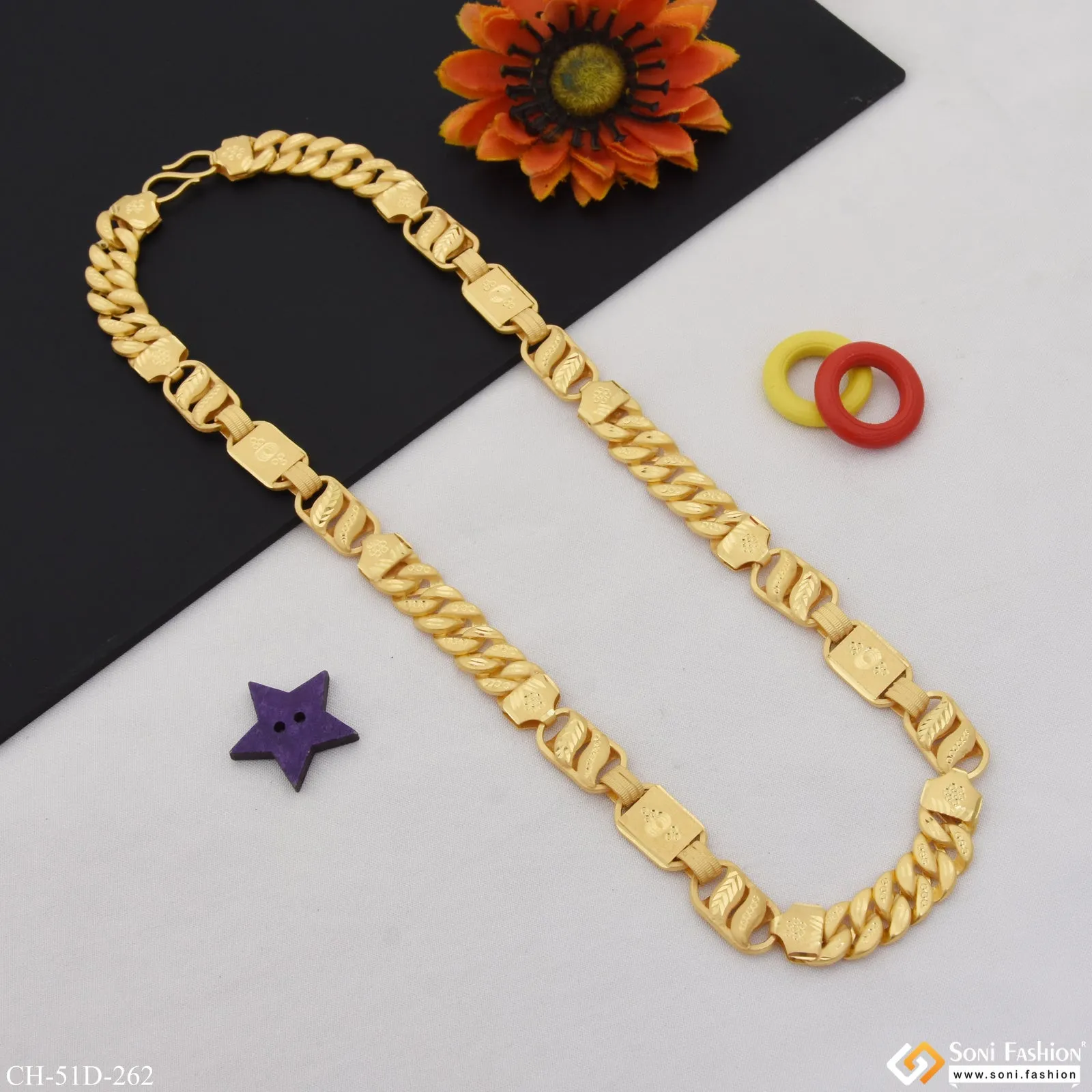 1 Gram Gold Plated 3 In 1 Rajwadi Glittering Design Chain for Men - Style D262