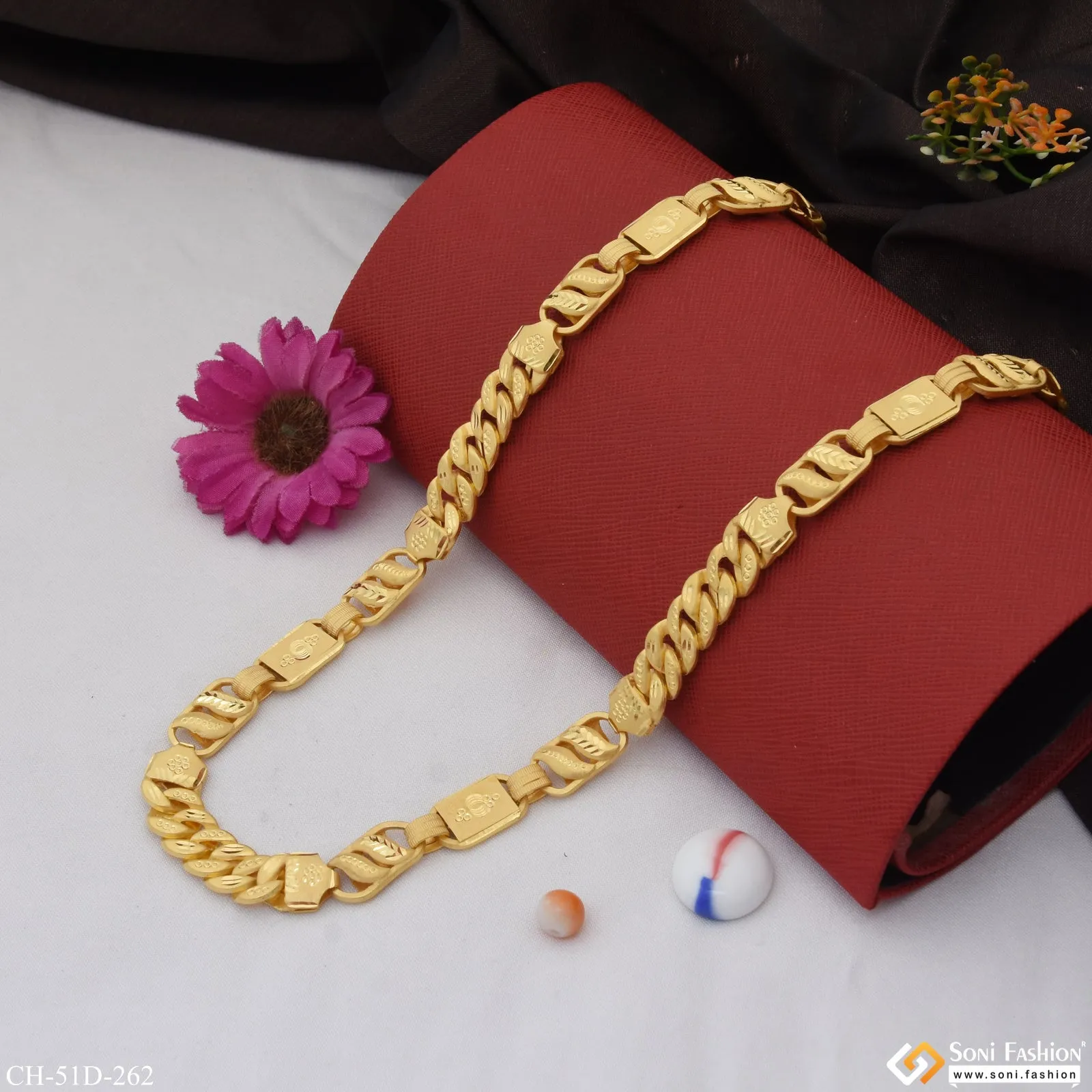 1 Gram Gold Plated 3 In 1 Rajwadi Glittering Design Chain for Men - Style D262