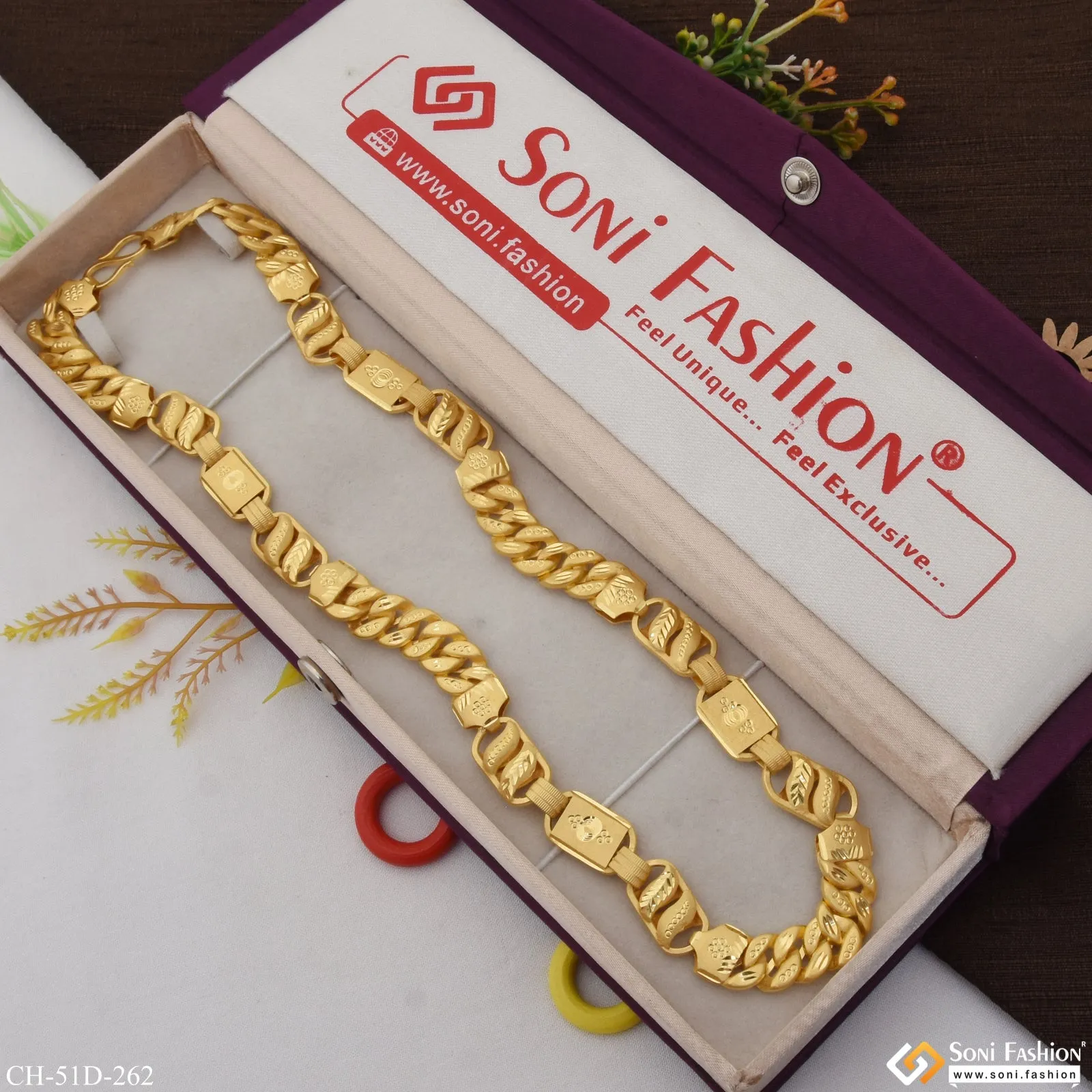 1 Gram Gold Plated 3 In 1 Rajwadi Glittering Design Chain for Men - Style D262