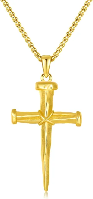 14K Gold Nail Cross Necklace for Men, Cross Pendant with Box Chain, Christian Religious Faith Jewelry Gift 20 Inch/50 cm
