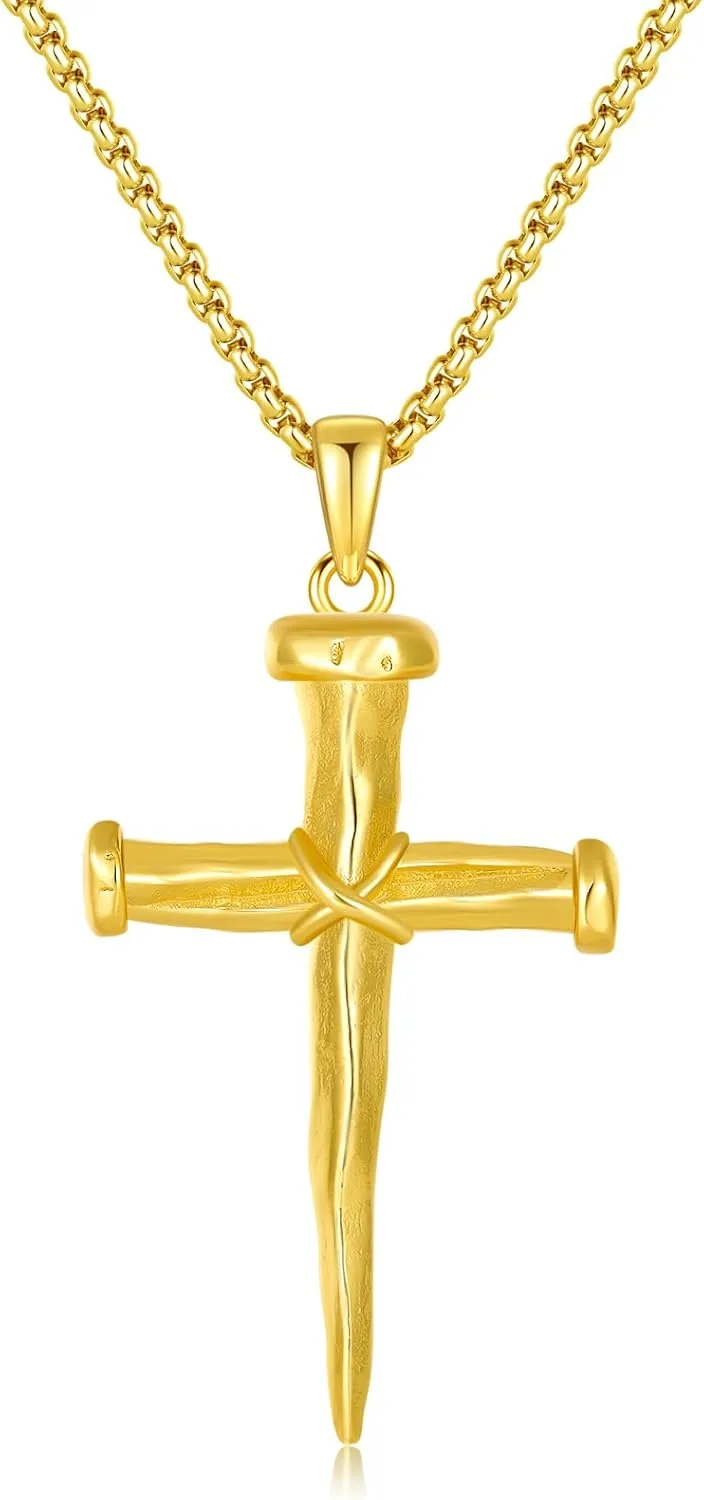 14K Gold Nail Cross Necklace for Men, Cross Pendant with Box Chain, Christian Religious Faith Jewelry Gift 20 Inch/50 cm