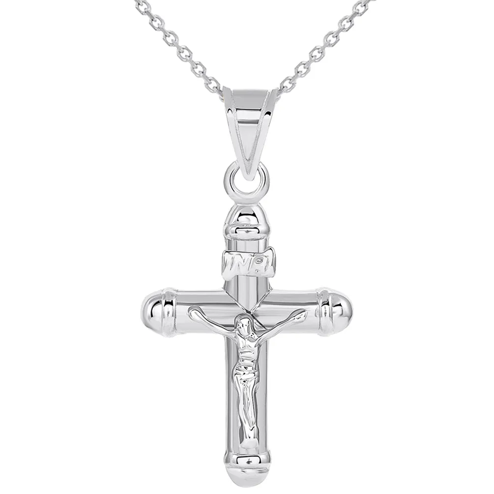 14k White Gold Tubuar INRI Crucifix Religious Cross Pendant Necklace