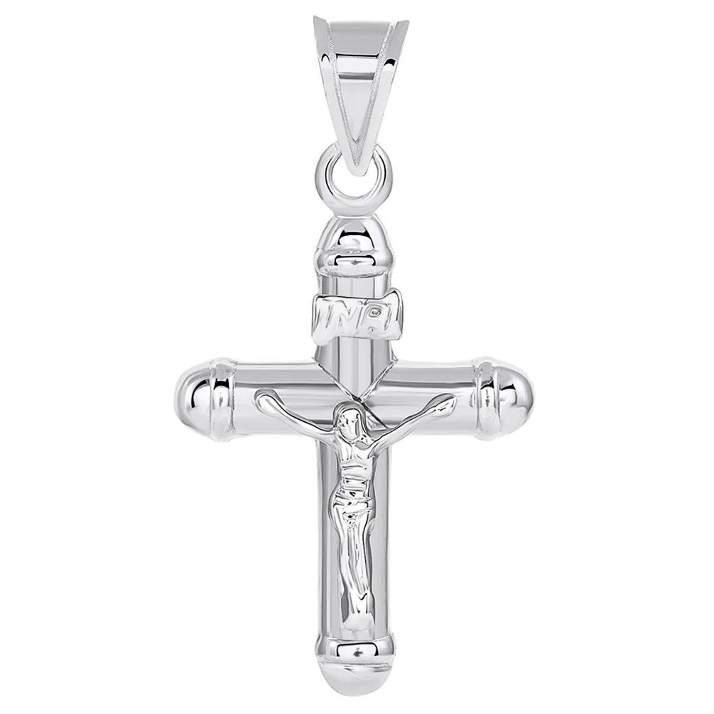 14k White Gold Tubuar INRI Crucifix Religious Cross Pendant Necklace