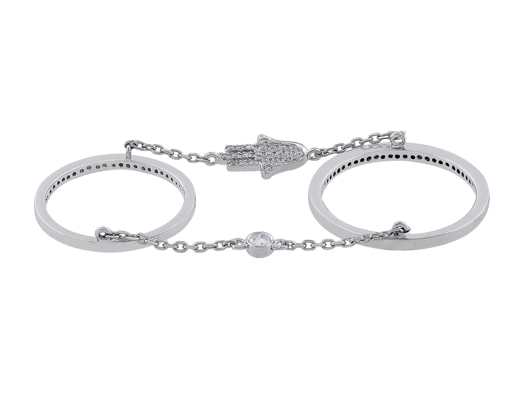 18k White Gold Diamond Hamsa Double Ring with Chain