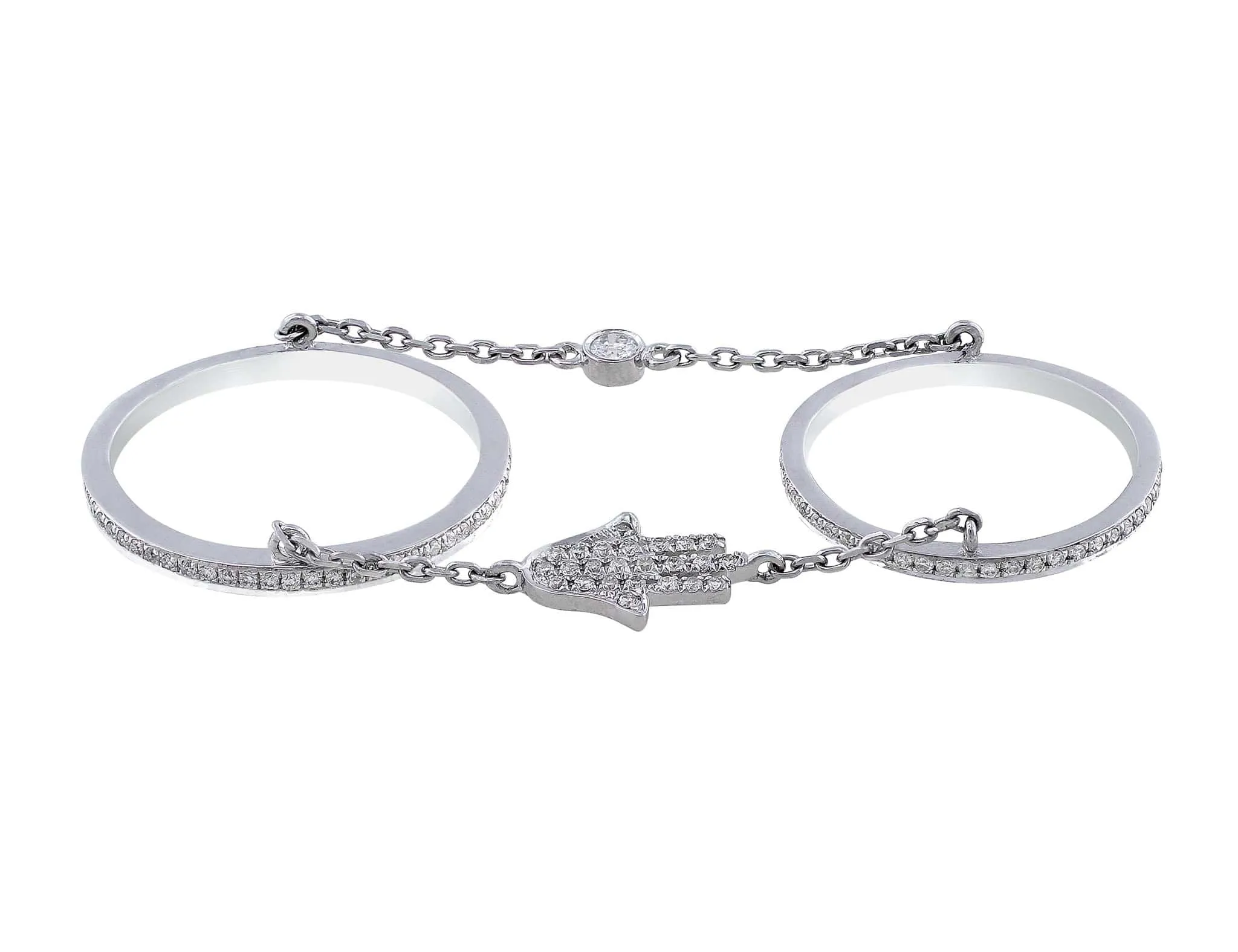 18k White Gold Diamond Hamsa Double Ring with Chain