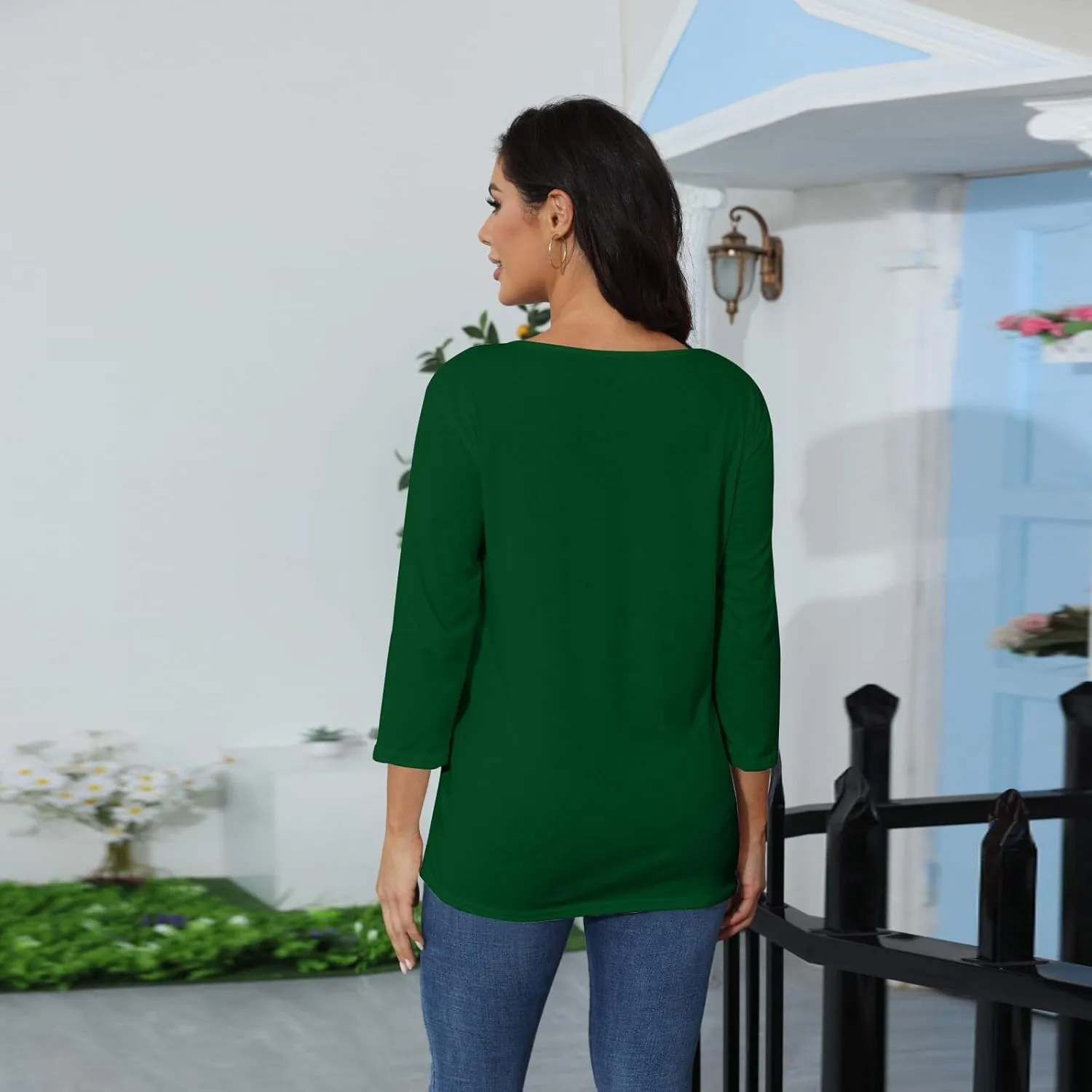 3/4 Length Sleeve Womens Tops Casual V-Neck Ladies Shirts 2025 Summer Elbow Length Printed,Plain t Shirts Outfits