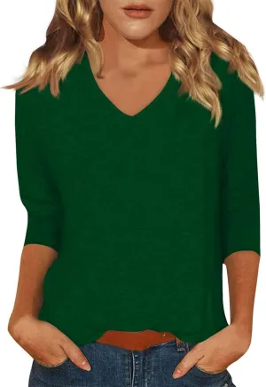 3/4 Length Sleeve Womens Tops Casual V-Neck Ladies Shirts 2025 Summer Elbow Length Printed,Plain t Shirts Outfits