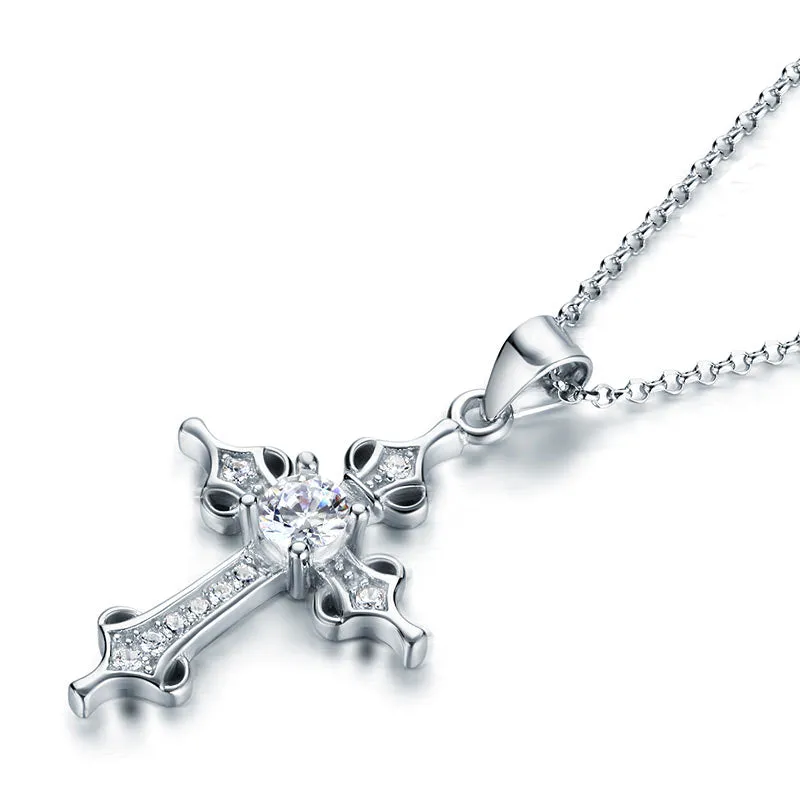 925 Sterling Silver Cross Pendant Necklace Round Cut Created Diamond Jewelry XFN8027