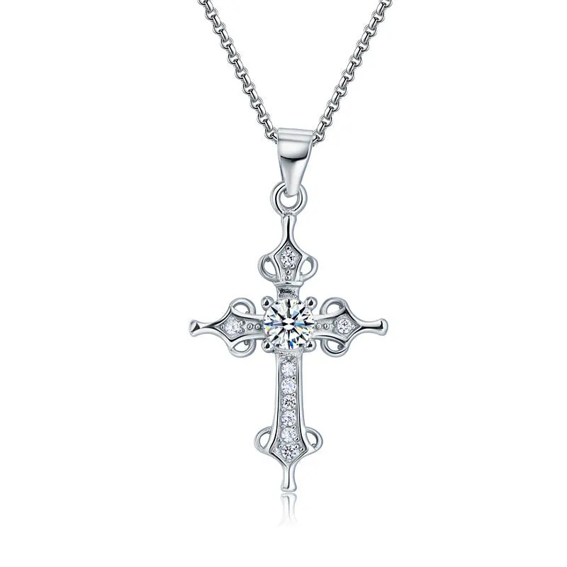 925 Sterling Silver Cross Pendant Necklace Round Cut Created Diamond Jewelry XFN8027