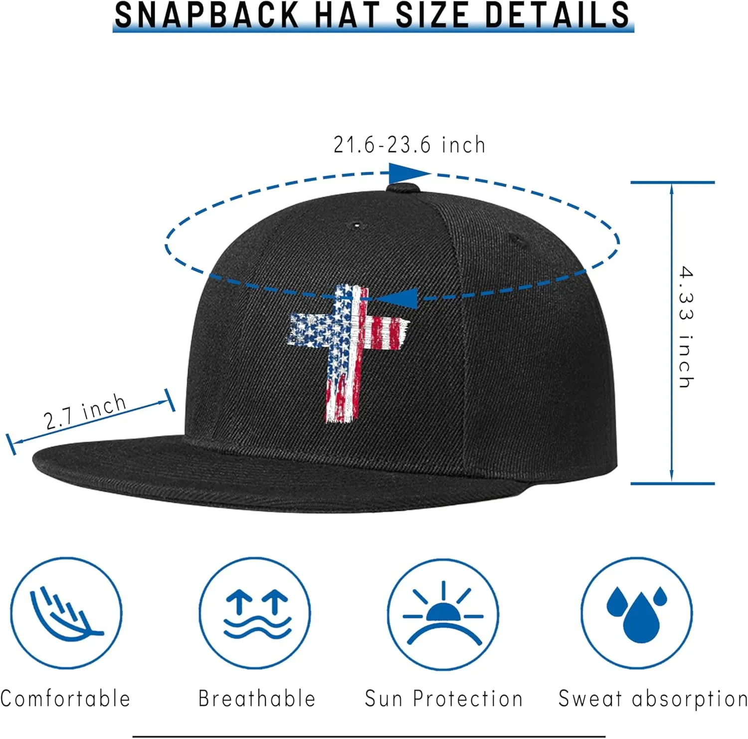 American Flag Cross Snapback Hats for Men Christian Hats Flat Bill Brim Hats for Men Snap Back Hats Black Baseball Cap Boys