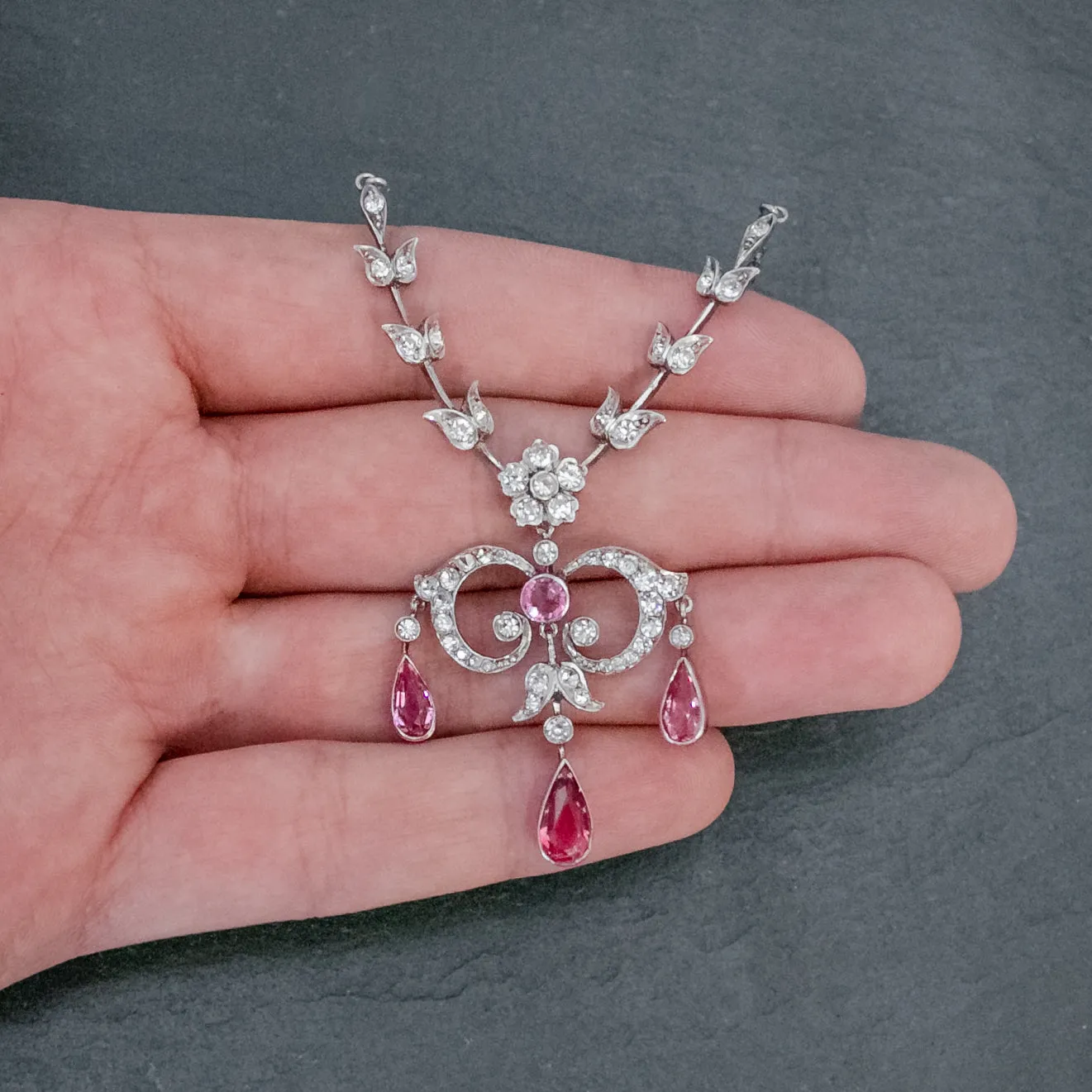 Antique Victorian Pink Paste Lavalier Necklace Sterling Silver Circa 1900