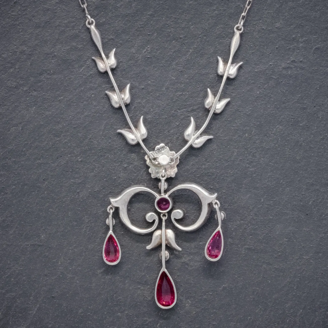 Antique Victorian Pink Paste Lavalier Necklace Sterling Silver Circa 1900