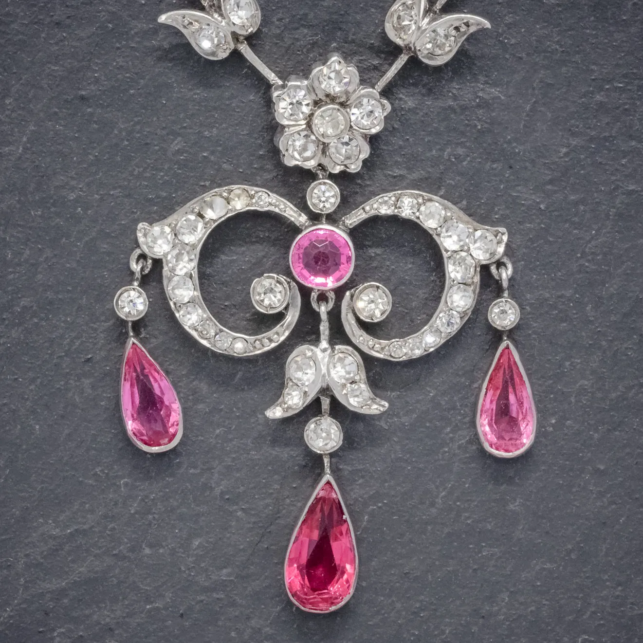 Antique Victorian Pink Paste Lavalier Necklace Sterling Silver Circa 1900