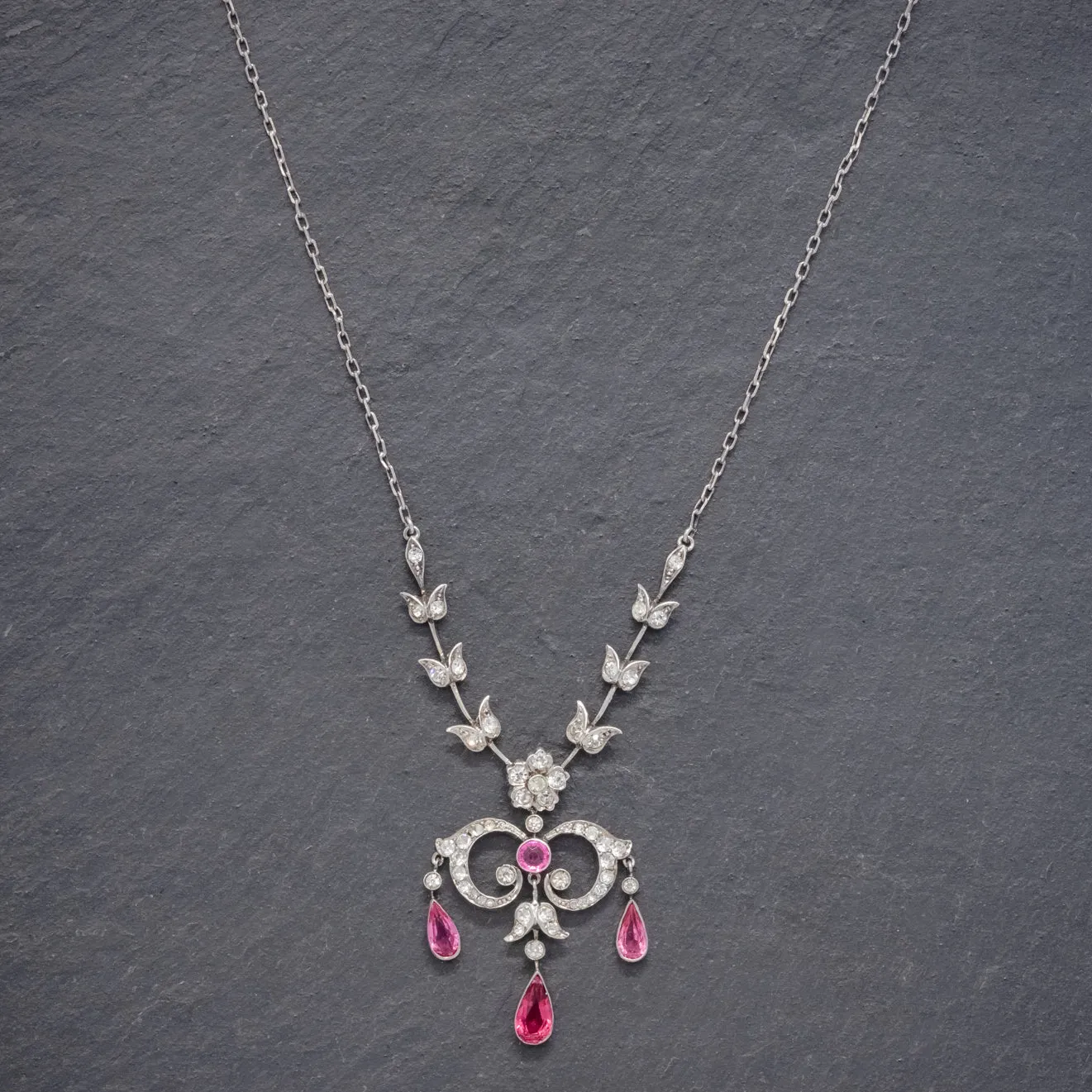 Antique Victorian Pink Paste Lavalier Necklace Sterling Silver Circa 1900