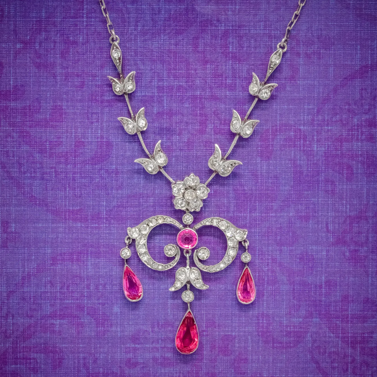 Antique Victorian Pink Paste Lavalier Necklace Sterling Silver Circa 1900