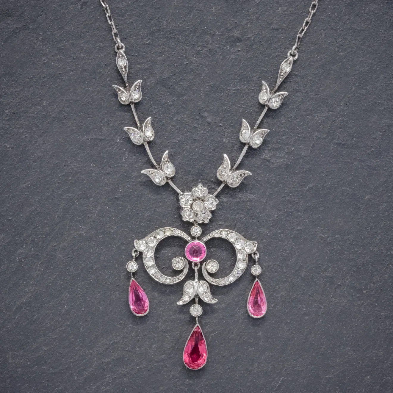 Antique Victorian Pink Paste Lavalier Necklace Sterling Silver Circa 1900