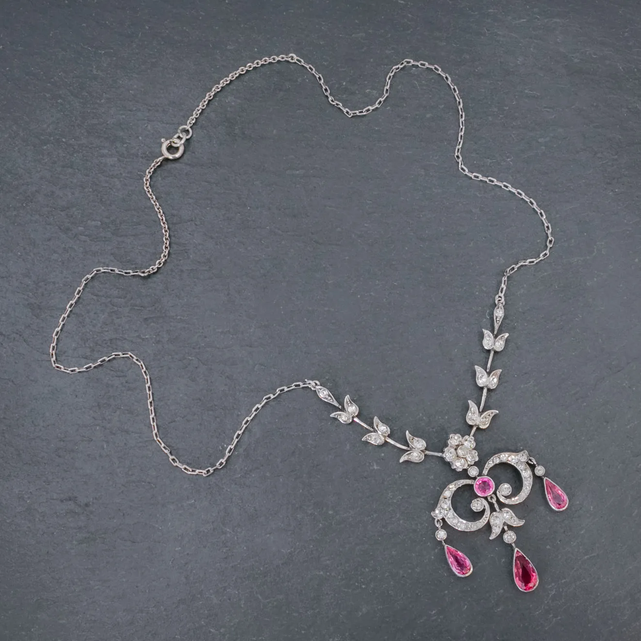 Antique Victorian Pink Paste Lavalier Necklace Sterling Silver Circa 1900