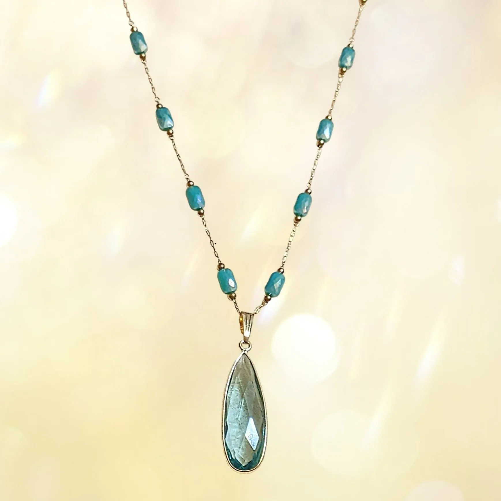 Aqua Gemstone Drop Crystal Bead Necklace, 20 inch