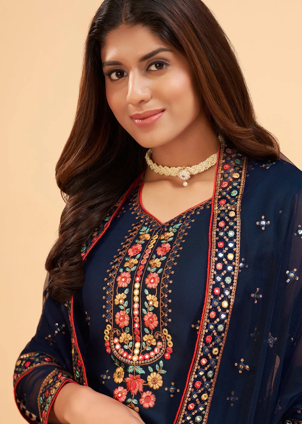 Beguiling Dark Blue Wedding Embroidered Sharara Suit