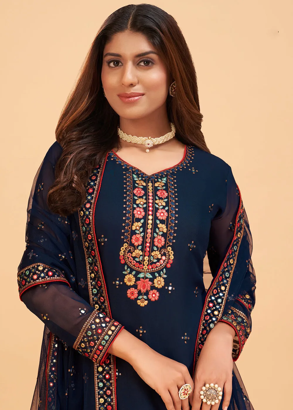 Beguiling Dark Blue Wedding Embroidered Sharara Suit