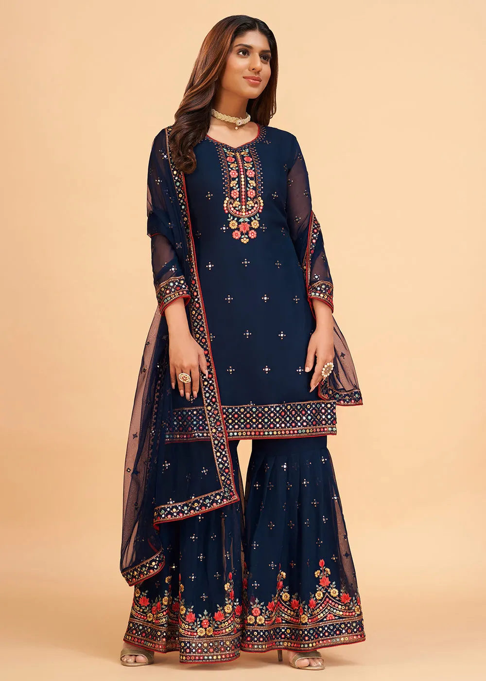 Beguiling Dark Blue Wedding Embroidered Sharara Suit