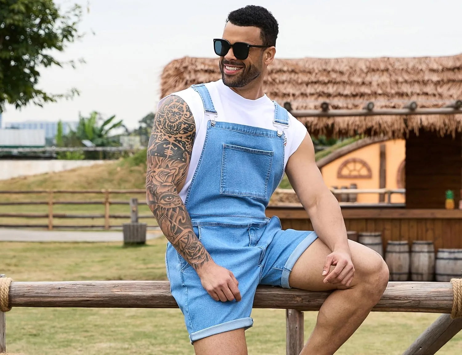 Bindefon Denim Overalls for Men Jean Shorts Jumpsuit Work Bibs Coveralls with Zipper