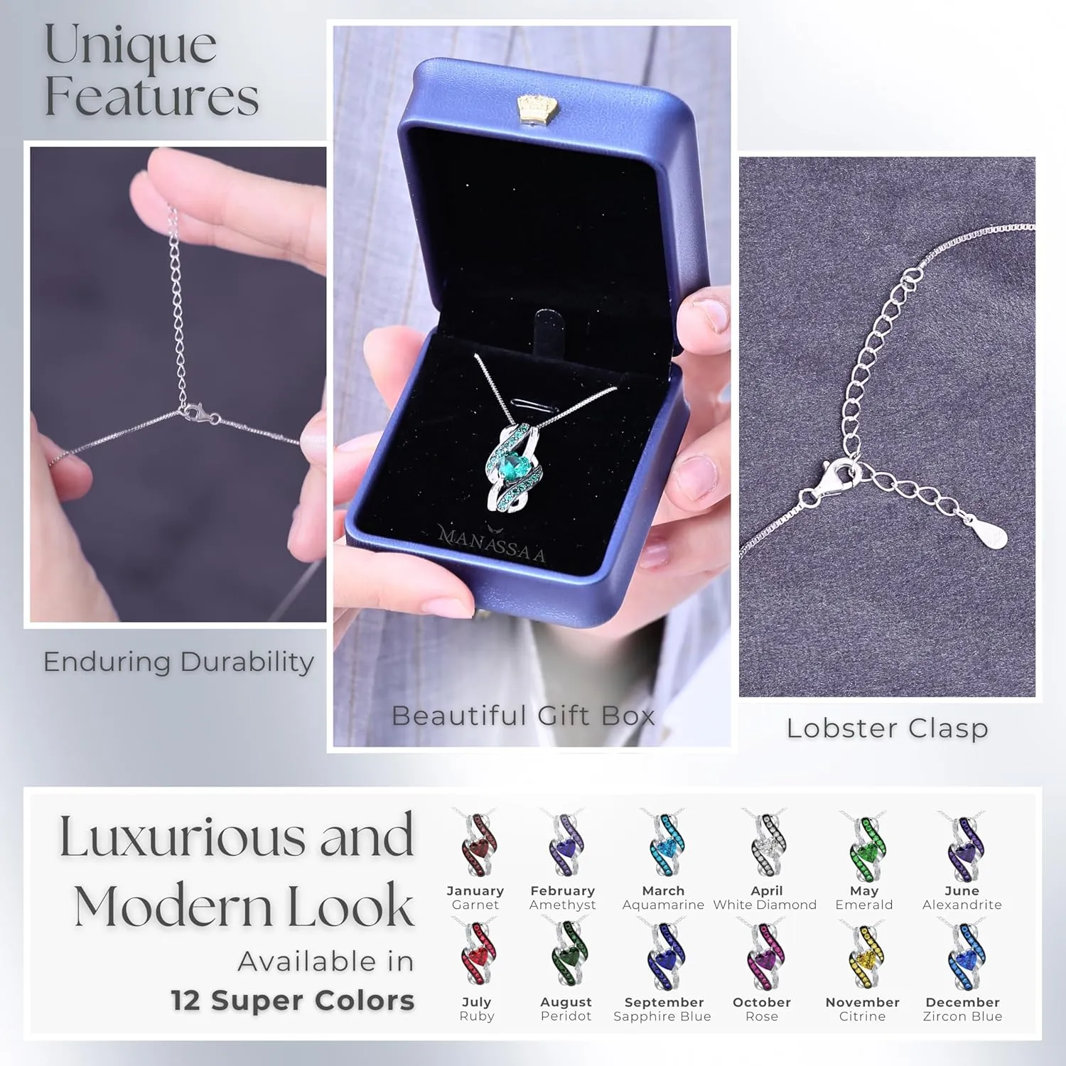 Birthstone Necklace Gift for Her Anniversary Present for Wife Girlfriend Mom Platinum Plated Sterling Silver Infinity Heart Necklace Gift for Women Mother??s Day Valentine??s Day Christmas Day