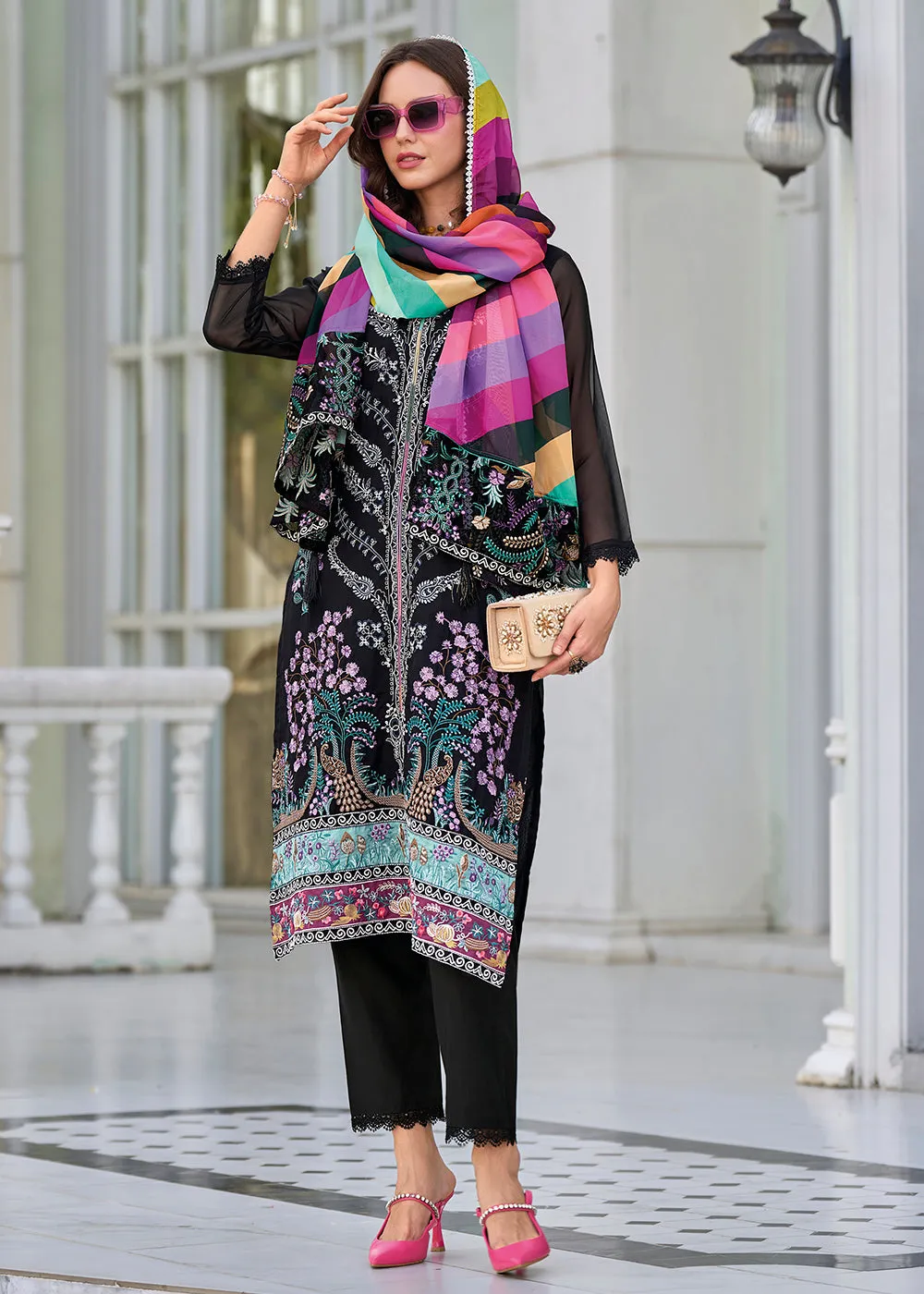 Black Fancy Embroidered Organza Pant Style Salwar Suit