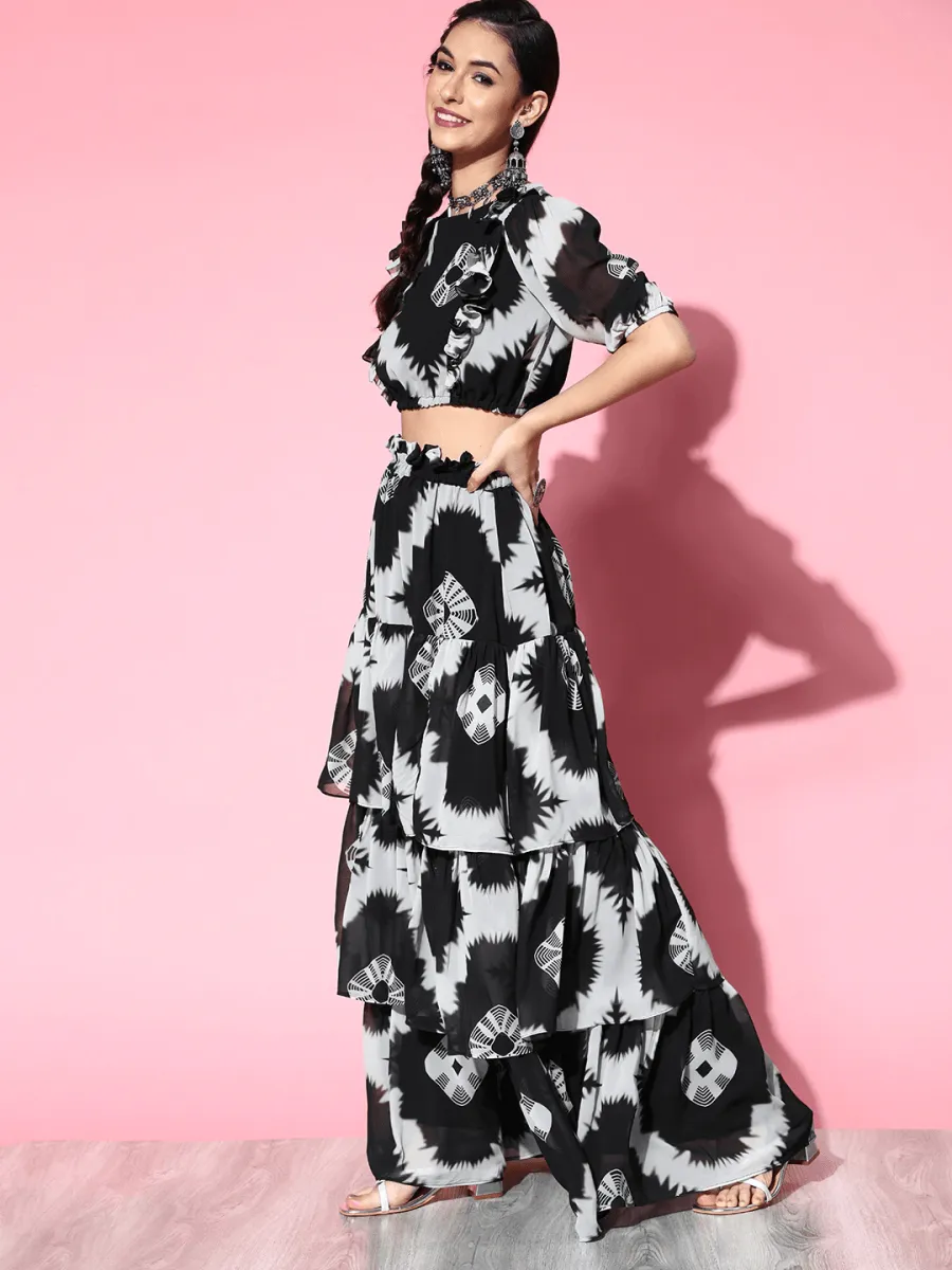 Black Tie and Dye Printed Ruffled  Skirt with Top