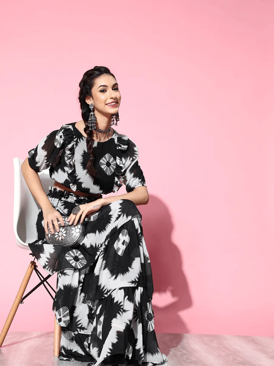 Black Tie and Dye Printed Ruffled  Skirt with Top
