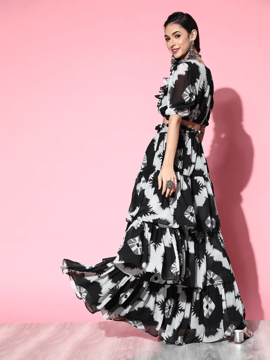 Black Tie and Dye Printed Ruffled  Skirt with Top
