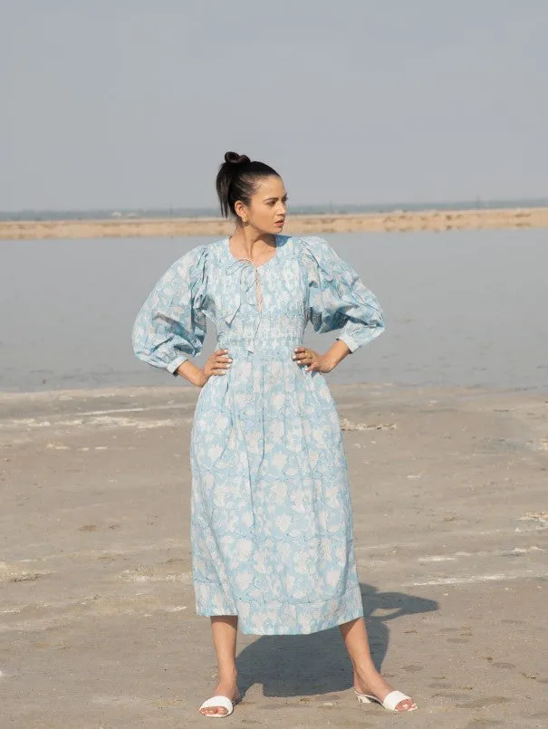 Blue Printed Lilies Gather Dress