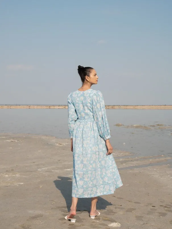 Blue Printed Lilies Gather Dress