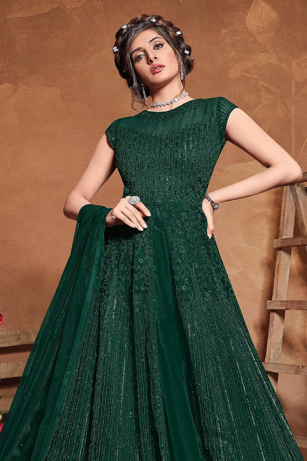 Bottle Green Net Embroidered Floor Length Anarkali Suit
