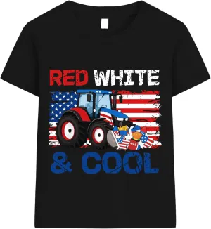 Boys 4th of July T-Shirt Kids American Tee Monster Trucks Tractor Independence Day Patriotic Tops Short Sleeve 2-7 Years