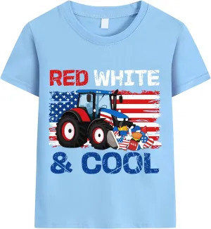 Boys 4th of July T-Shirt Kids American Tee Monster Trucks Tractor Independence Day Patriotic Tops Short Sleeve 2-7 Years