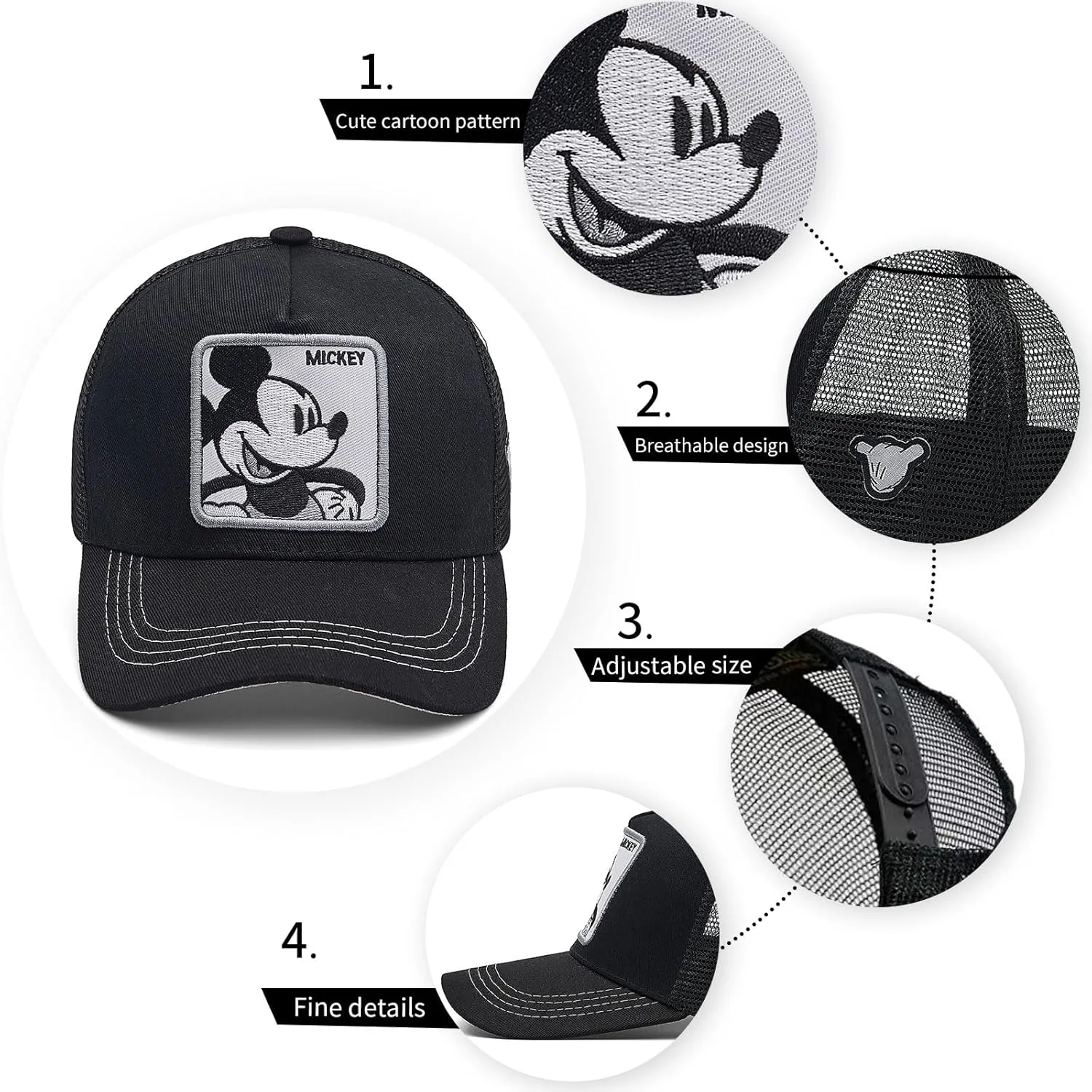 Cartoon Baseball Cap for Men Women, Adjustable Mesh Trucker Hat Anime Embroidered Design Snapback