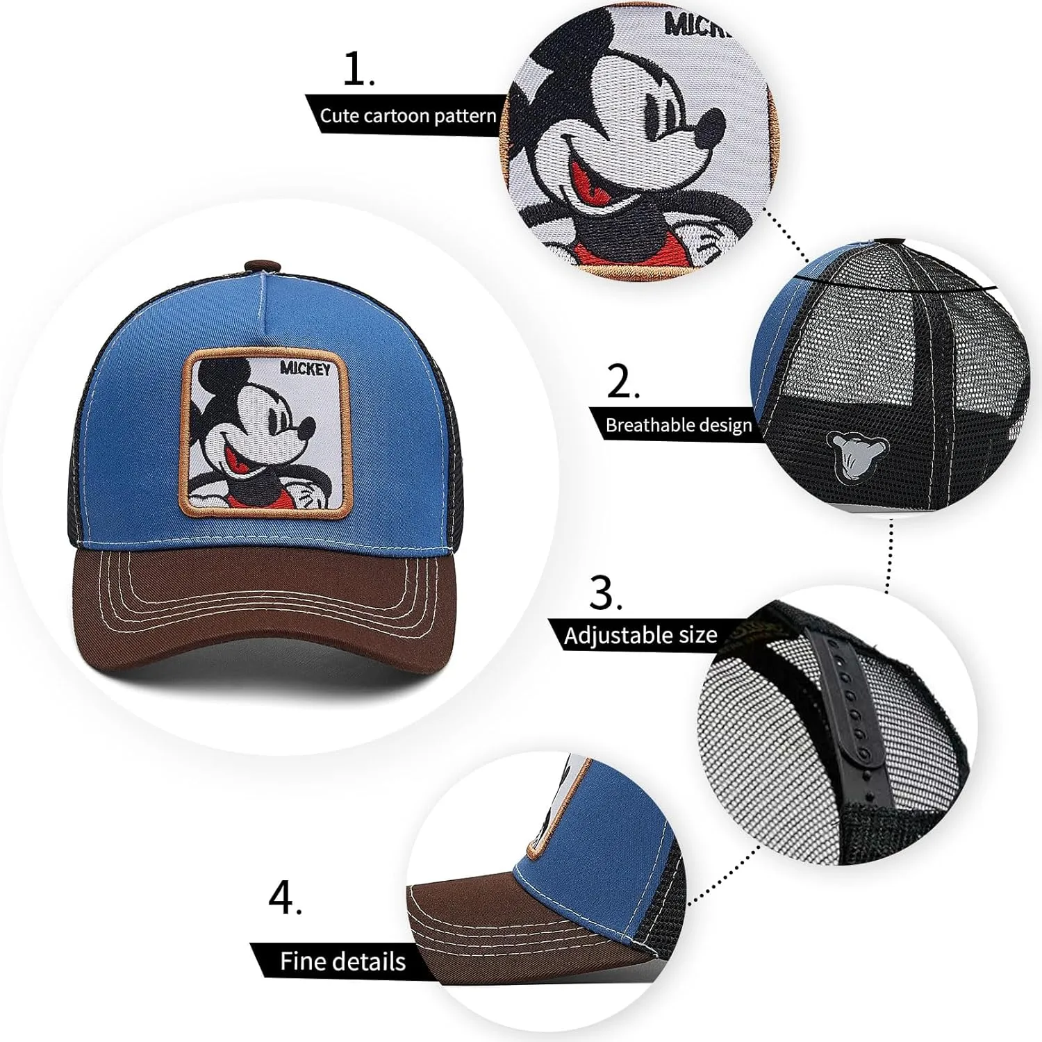 Cartoon Baseball Cap for Men Women, Adjustable Mesh Trucker Hat Anime Embroidered Design Snapback