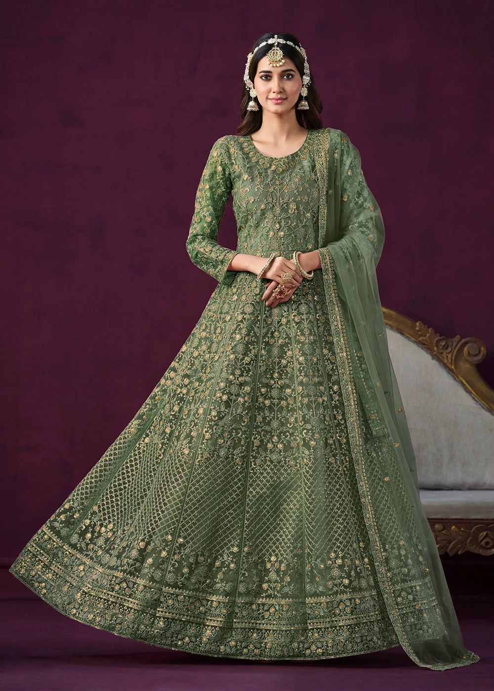 Charming Green Embroidered Net Floor Length Anarkali Suit