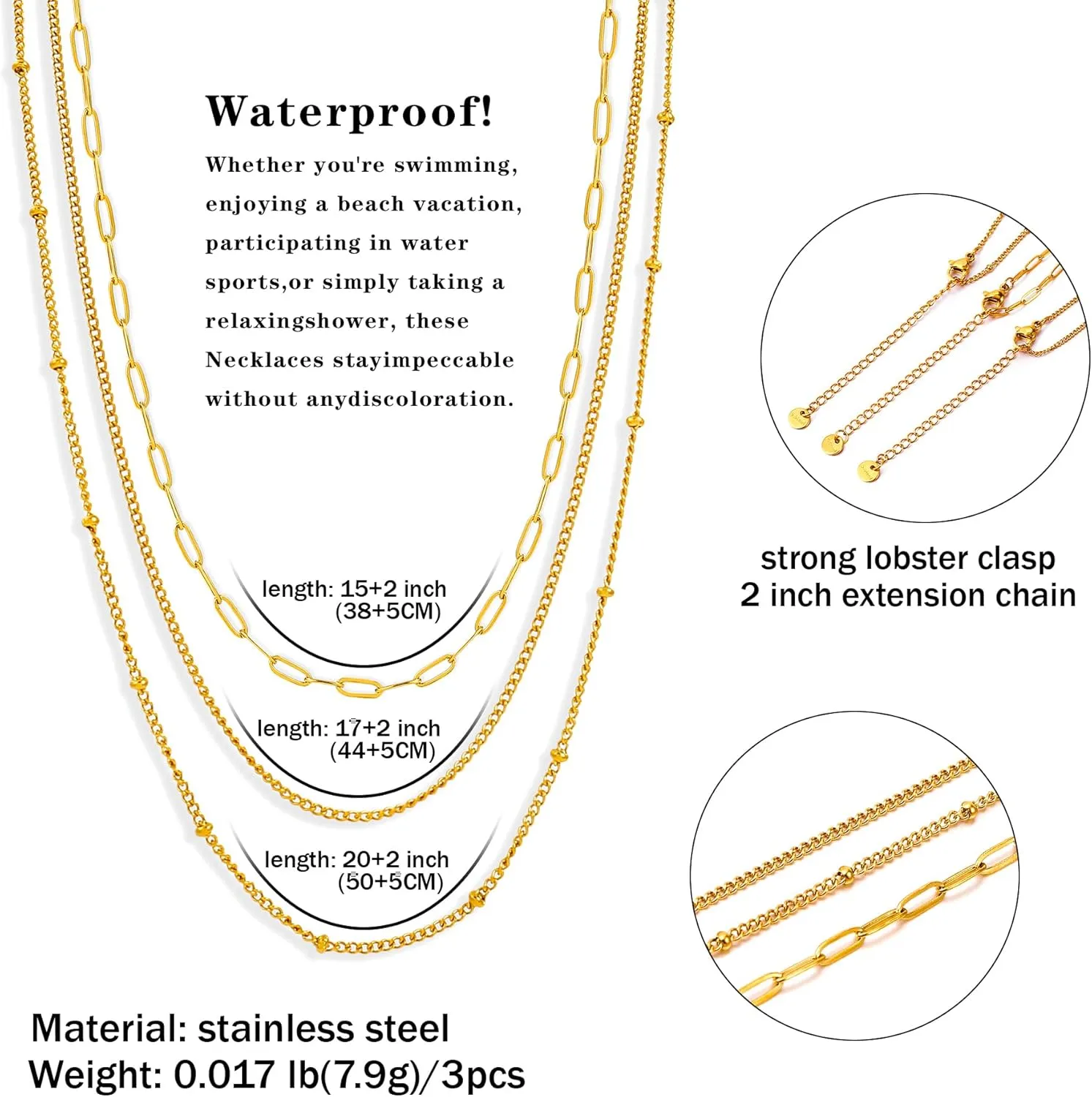 CONRAN KREMIX Waterproof Gold Necklace Layered Necklaces for Women Non Tarnish,18k Gold Plated Stainless Steel Dainty Stack Thin Chain Necklace Set for Women Gifts Jewelry