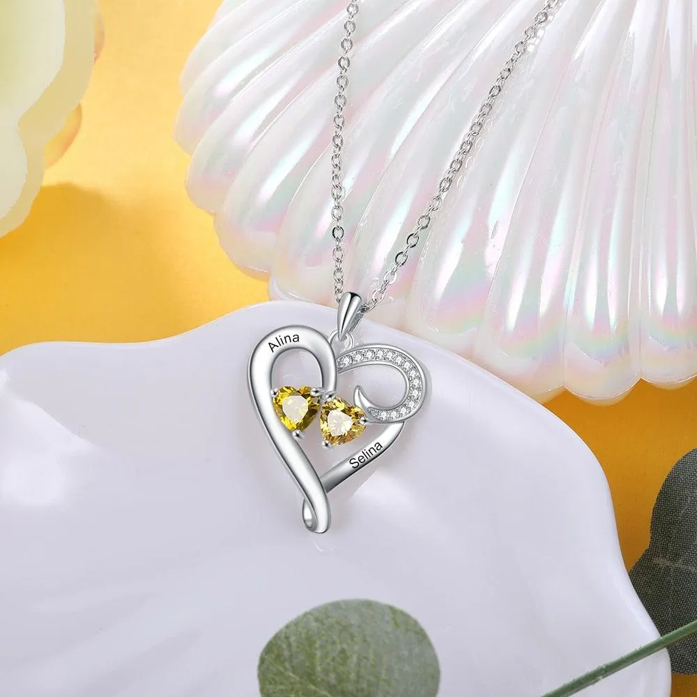 Customized Heart Pendant Necklace - Double Birthstone Engraved Necklace for Women - Personalized Jewelry