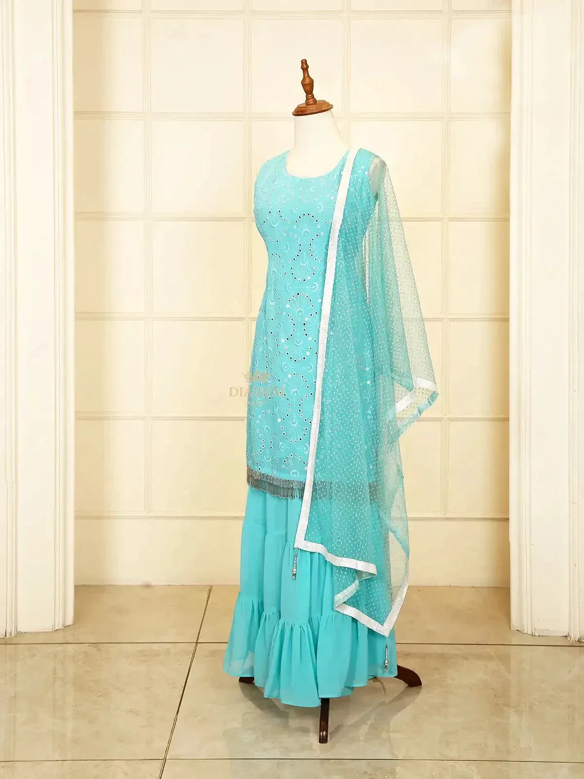 Cyan Blue Sharara Suit with Embroidered Top along with Dupatta