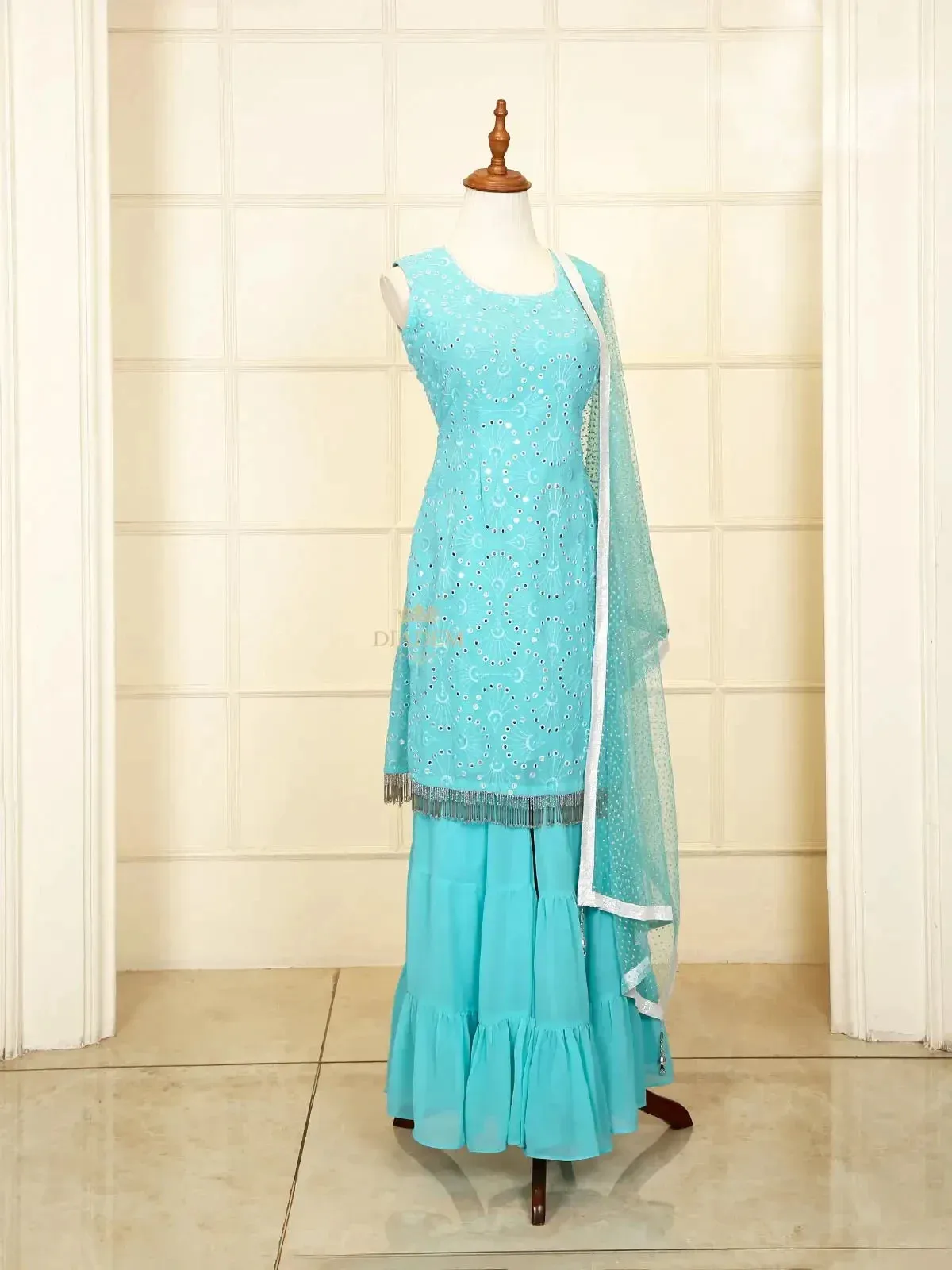 Cyan Blue Sharara Suit with Embroidered Top along with Dupatta