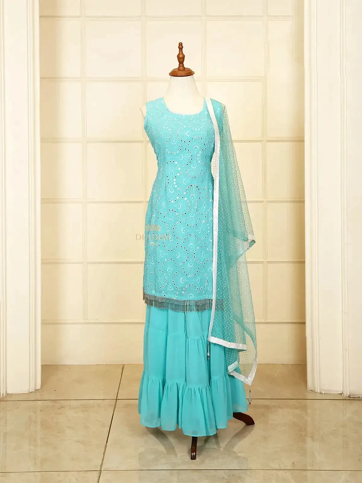 Cyan Blue Sharara Suit with Embroidered Top along with Dupatta