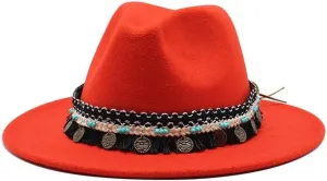 DHAEY British Style New Jazz Top Hat with Tassels Belt Simple Fashion Big Brim Hat Women's Woolen Felt Hat Big Brim Jazz Hat Luopan Caps & Hats (Color : Orange red, Size : Medium(56-58cm))