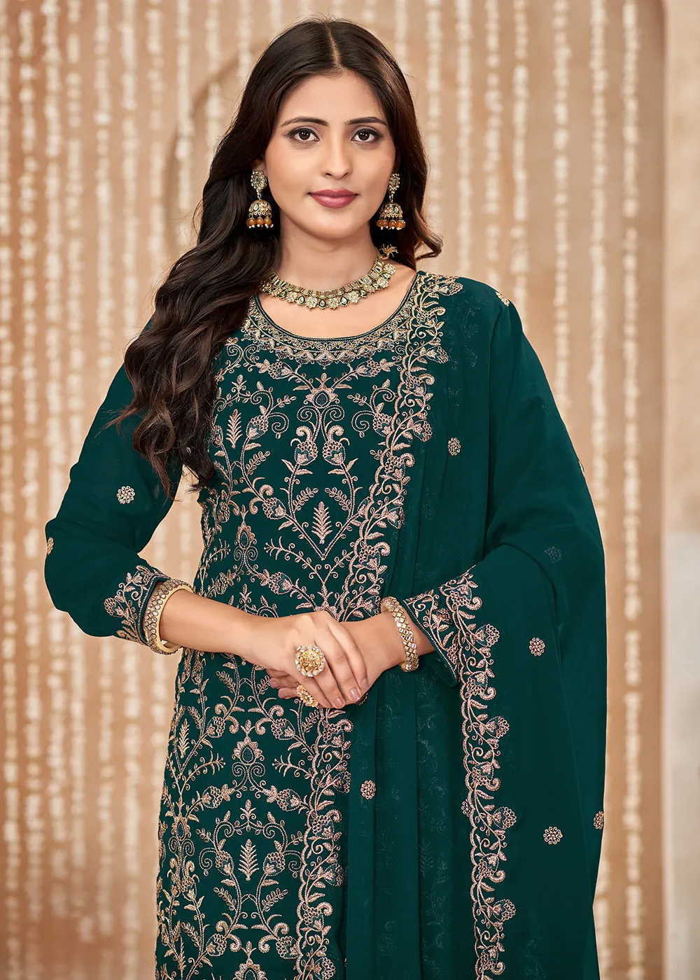 Festive Style Green Zari Embroidered Salwar Suit