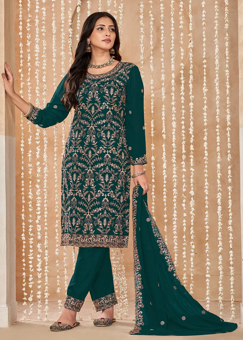 Festive Style Green Zari Embroidered Salwar Suit