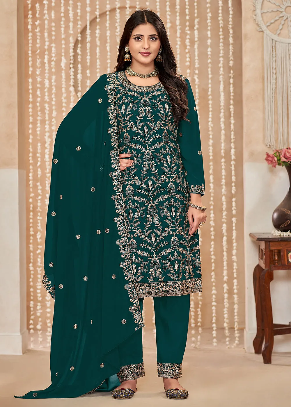 Festive Style Green Zari Embroidered Salwar Suit