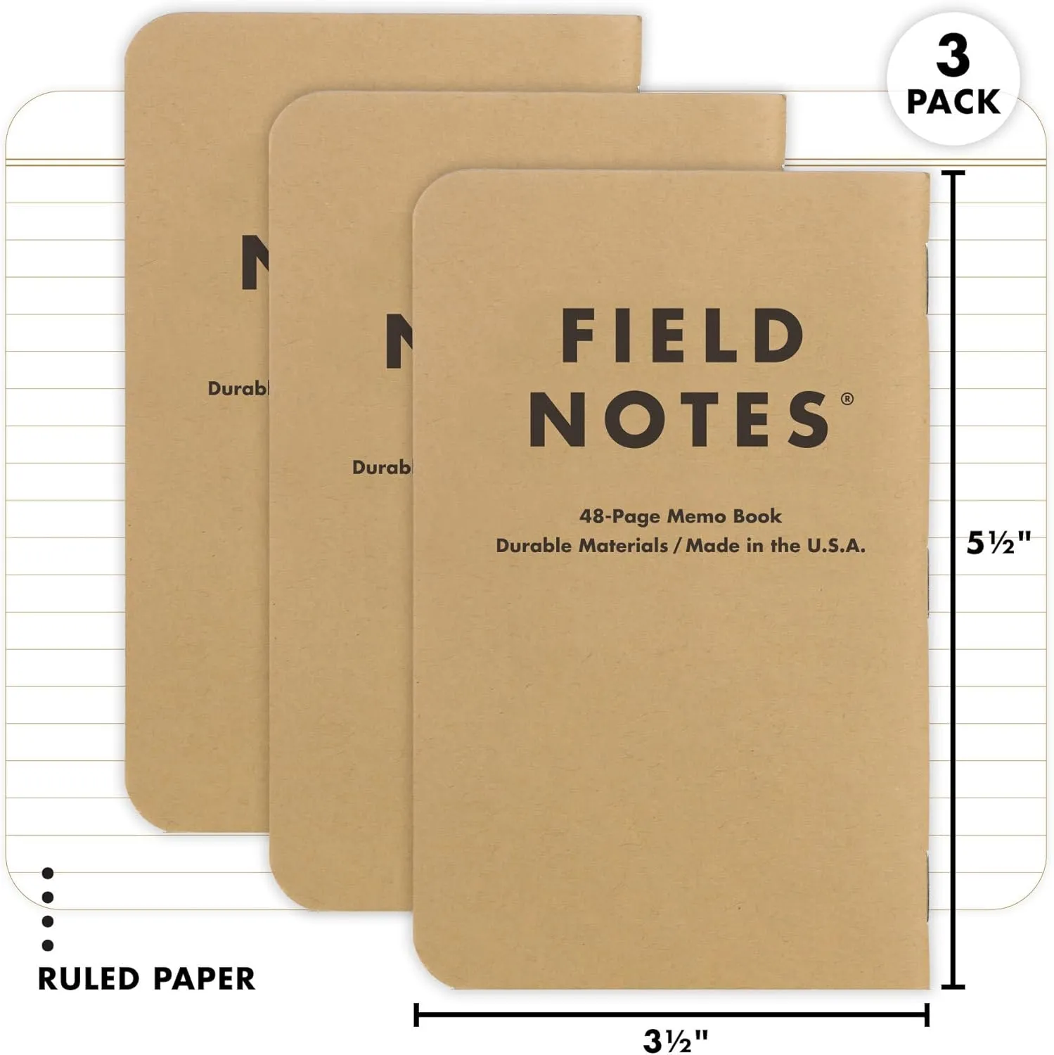 Field Notes: Original Kraft 3-Pack - Left-Handed - Ruled Paper Memo Books - Lined 48 Page Pocket Notebooks - 3.5" x 5.5"